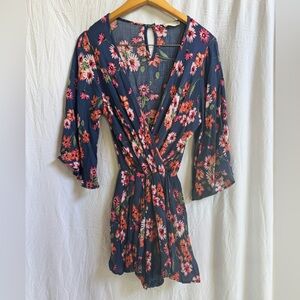 Altar'd State Navy Floral Romper with Pink & Coral Accents